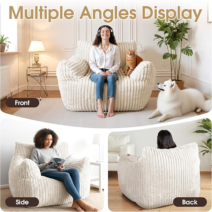 Giant Bean Bag Chair, Oversized Plush Comfy Bean Bag Sofa for Adults and Kids with Armrests, Memory Foam Mini Couch Single Lounges for Living Room, Bedroom & Game Room(Beige)