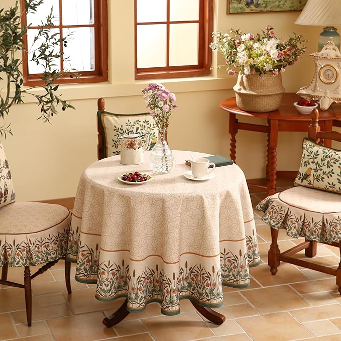 patdrea Designer Vintage Linen Round Table Cloth,Anti-Wrinkle Breathable French Tablecloth,Fall Decor Table Cover for Kitchen Dining,Christmas,Thanksgiving,Tea Party,Diameter 67"-Cudillero