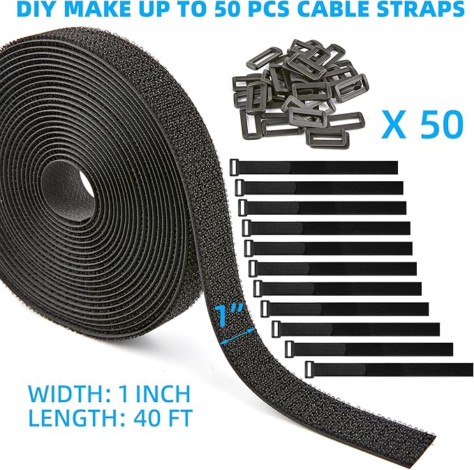 1" x 40ft Nylon Hook and Loop Cable Straps Roll with 50 Plastic Buckles - Reusable, Adjustable, Cut-to-Length for Organizing Cords, Wires & Storage Solutions
