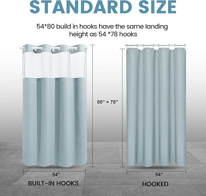 Fog Blue Stall No Hook Shower Curtain with Snap in Liner,230GSM Waffle Weave Shower Curtains for Bathroom,54W x 80H