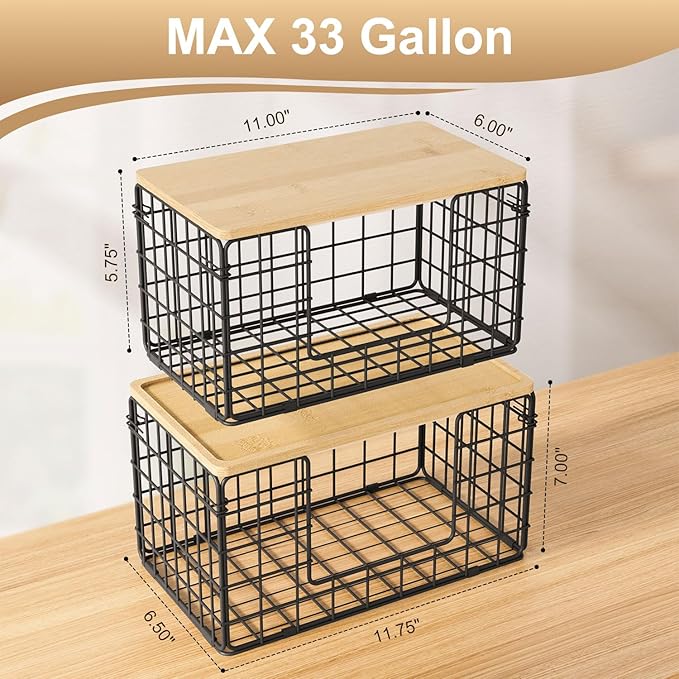 2 Pack Trash Bag Dispenser Under Sink, Trash Bag Holder with Bamboo Top, Garbage Bag Dispenser, Storage Stackable for Kitchen Laundry Organizers Countertop Organization Black