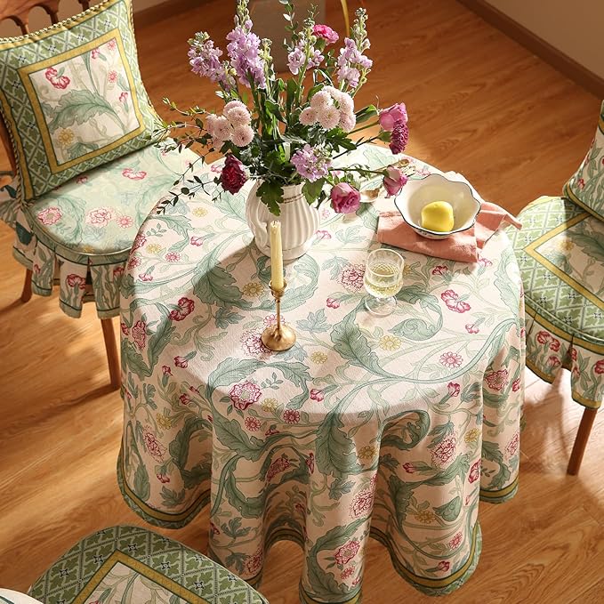 patdrea Designer Vintage Green Round Tablecloth,Linen Leaves Floral Pattern Table Cloth,Decor Table Cover for Kitchen Dining Christmas,Tea Party,Thanksgiving,Tea Party,Diameter 67"-Cecilia a