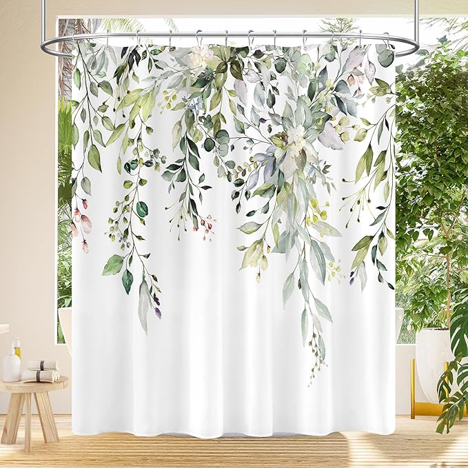 Extra Long Eucalyptus Shower Curtain 72 x 96 Inch, Sage Green Botanical Floor to Ceiling X-Long Shower Curtain, Watercolor Plant Leaves with Floral Decorative Bathroom Curtain with Hooks