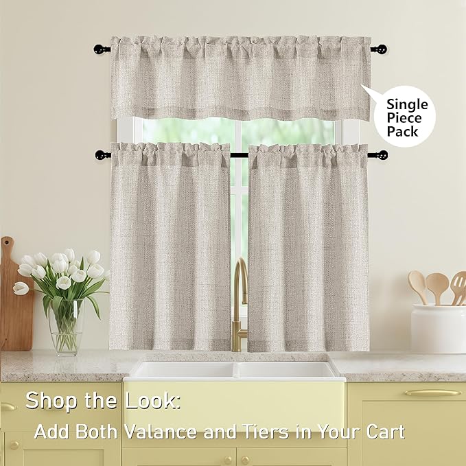 Linen Kitchen Curtains 30 Inch Length 2 Panels, Light Filtering Farmhouse Linen Textured Small Short Curtains Over Sink, Half Curtain Tiers for Cabinet Bathroom Cafe Basement, 30Wx30L Inch