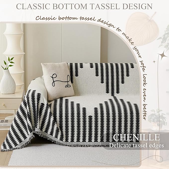 ALIECOM Boho Couch Covers for Sectional Sofa 2 Piece Thick Chenille L Shape Sofa Cover Washable Reversible Couch Cover Blanket Sofa Slipcovers Pet Dog Furniture Protector (XX-Large, Fashion Black)