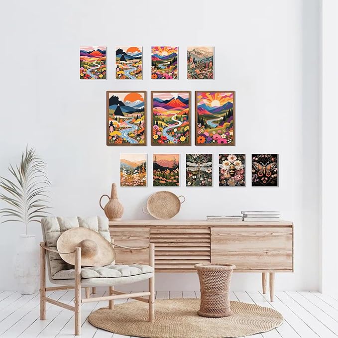 Nature Landscape Boho Wall Art Set of 3 24x16In Wood Framed,with 9 Bonus 8x10 Posters Prints, Abstract Ridge River Sunset Floral Canvas Paintings for Living Room Bedroom Office