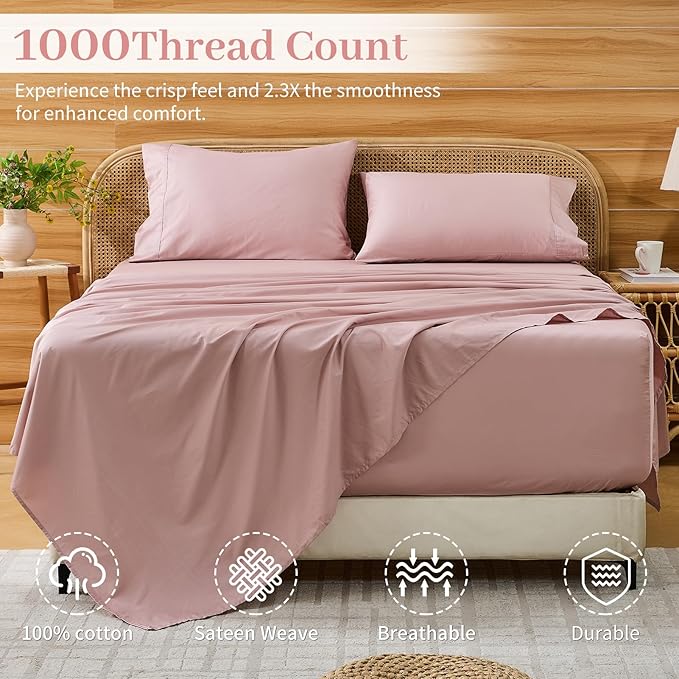 Bedlifes Deep Pocket Sheets 18-24 Inch, Queen Size Egyptian Cotton 1000 Thread Count, 4-Piece - Fits Extra Thick Mattresses, Cooling & Breathable (Light Pink)