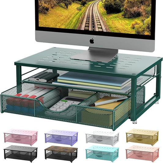 gianotter Computer Monitor Stand Riser, office organizer with Drawer, Office Organizers Storage for Classroom Office Supplies (Dark Green)