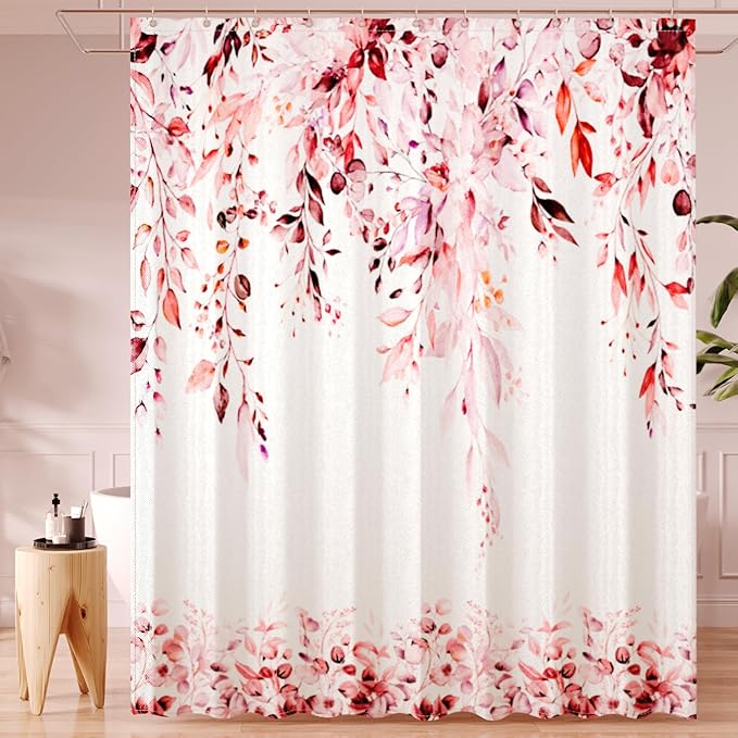 Pink Eucalyptus Leaves Shower Curtain for Bathroom:Aesthetic Art Watercolor Plant Shower Curtains Sets with Hooks,Waterproof Fabric Decor 36x72 inches.