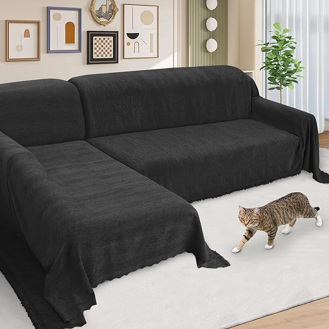 ALIECOM Sectional Couch Covers L Shape Sectional Sofa Cover for Dogs 2 Piece Thick Chenille L Shaped Couch Cover Blanket Chaise Sofa Slipcovers Pet Furniture Protector Washable (X-Large, Black)