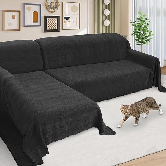 ALIECOM Sectional Couch Covers L Shape Sectional Sofa Cover for Dogs 2 Piece Thick Chenille L Shaped Couch Cover Blanket Chaise Sofa Slipcovers Pet Furniture Protector Washable (X-Large, Black)