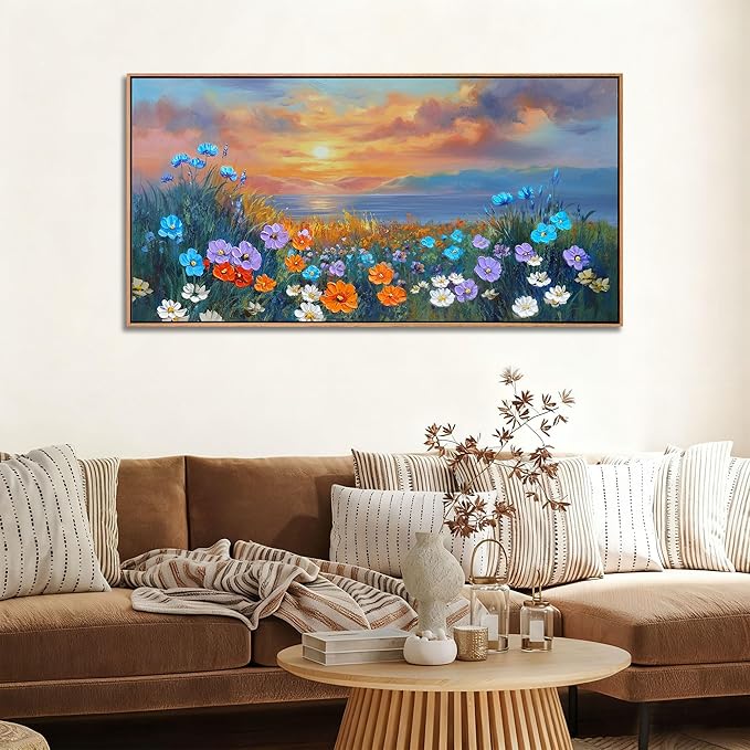 Ardemy Wildflower Wall Art for Living Room Large Framed Floral Canvas Pictures Bedroom Wall Decor Sunset Paintings Flower Textured Artwork for Walls Dining Room Home Office 58"x29"