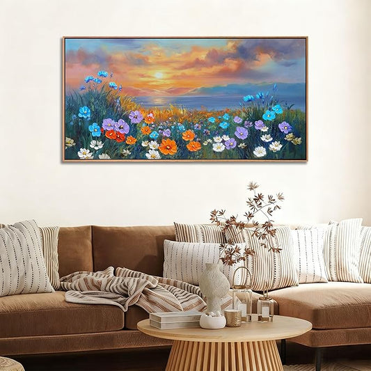 Ardemy Wildflower Wall Art for Living Room Large Framed Floral Canvas Pictures Bedroom Wall Decor Sunset Paintings Flower Textured Artwork for Walls Dining Room Home Office 58"x29"