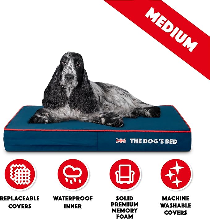 The Dog’s Bed Orthopedic Memory Foam Dog Bed, Medium Blue Oxford with Red Trim UK Flag, Pain Relief for Arthritis, Hip & Elbow Dysplasia, Post Surgery, Supportive, Calming, Waterproof Washable