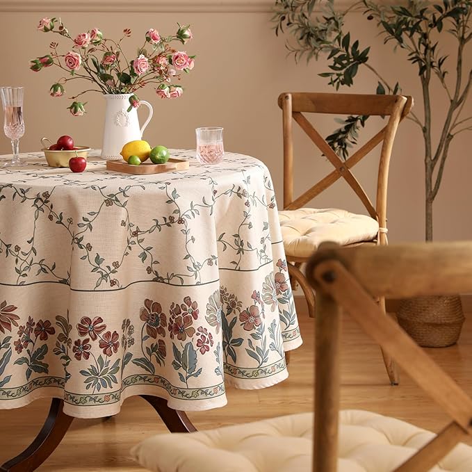 patdrea Designer Vintage Linen Round Table Cloth,Durable Breathable Floral Tablecloth,Dacorative Table Covers for Kitchen Dining Tea Party,Holiday,Christmas,Thanksgiving,Diameter 67"-Oliveirad