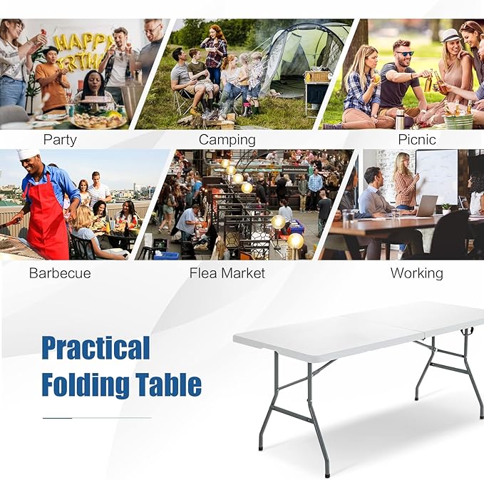 S AFSTAR 3 PCS Folding Table and Benches, 6Ft Camping Table & 2-Pack Folding Chairs with Carry Handles, Indoor Outdoor Rectangle Folding Desk & Long Chairs for Picnic Party Camping BBQ, Assembly-Free