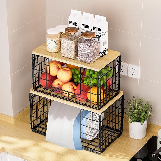 2 Pack Trash Bag Dispenser Under Sink, Trash Bag Holder with Bamboo Top, Garbage Bag Dispenser, Storage Stackable for Kitchen Laundry Organizers Countertop Organization Black