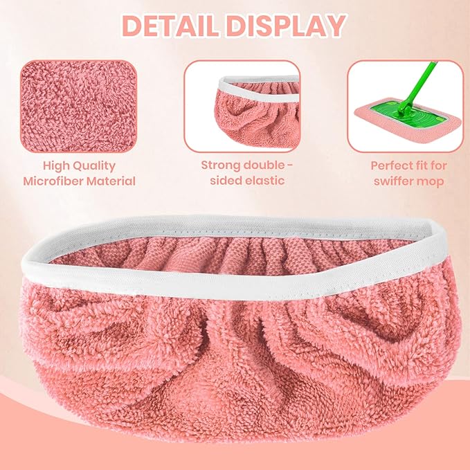 6 Pack Reusable Microfiber Mop Pads - Compatible with Sweeper, Reusable Mop Pads, Washable Dry Cloths & Wet Pads Refill for Hardwood Laminate Tile Floor Cleaning (Pink, M)