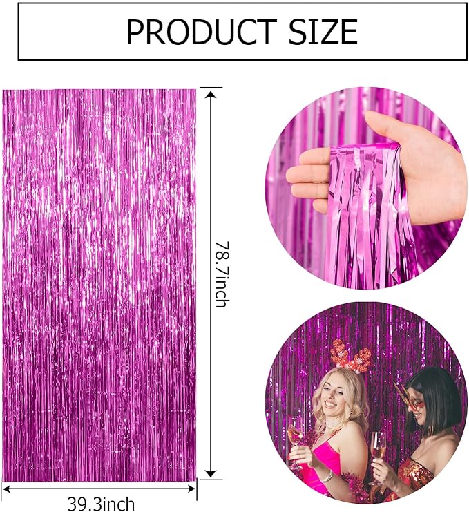 3 Pack Hot Pink Backdrop Curtain Birthday Party Decorations Tinsel Streamers Foil Fringe Backdrop New Years Bachelorette Graduation Engagement Party Decorations Hot Pink Photo Booth Backdrop