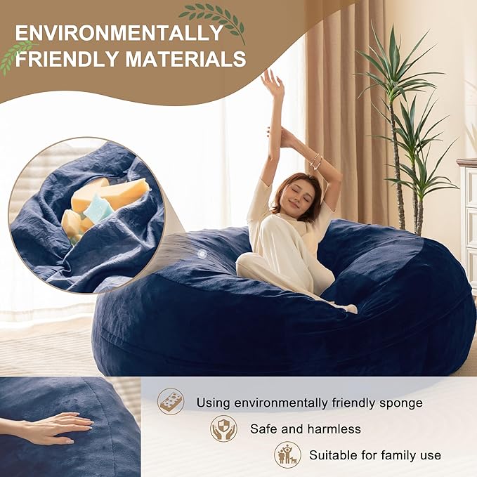 Bean Bag Chair for Adults,5FT Oversize Floor Bean Bags Offers Ample Space for Adults,Memory Foam Giant Bean Bags,Lounger Versatile Design Suits Any Room,Movie Nights,Reading (Blue, 5FT)