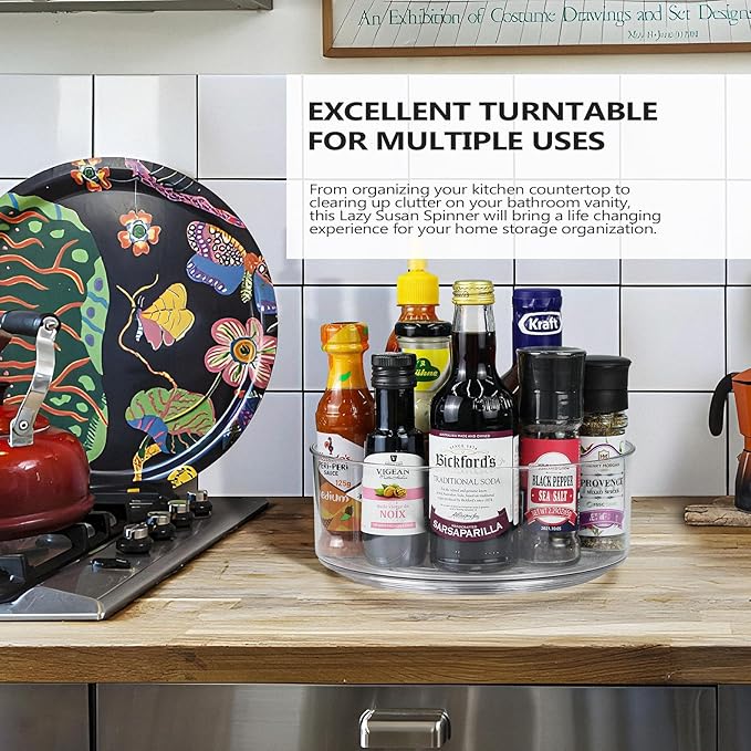 Lazy Susan Organizer, 2pcs 360 Degree Rotating Turntable Organizer, Round Plastic Clear Lazy Susan Turntable Food Storage Container for Kitchen, Fridge Organizer