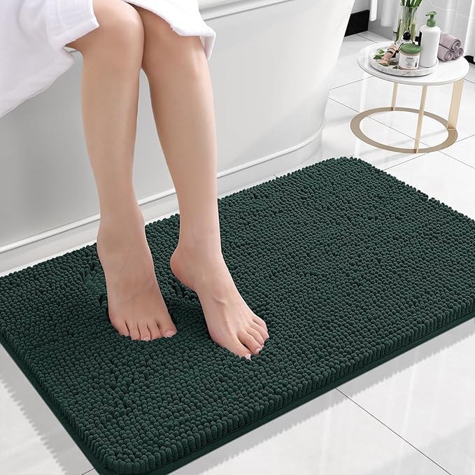 OLANLY Bathroom Rugs 24x16, Extra Soft Absorbent Chenille Bath Rugs, Rubber Backing Quick Dry, Machine Washable Bath Mats for Bathroom Floor, Tub and Shower, Home Decor Accessories, Blackish Green