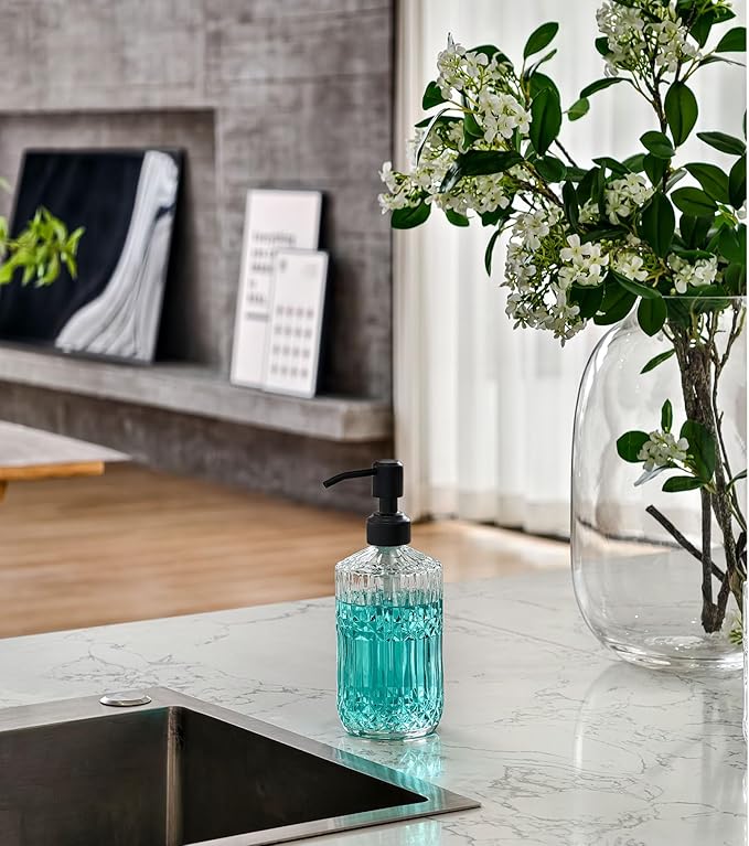 JASAI 18Oz Glass Soap Dispenser with Black Rust Proof Pump, Refillable Kitchen soap Dispenser Thick Glass, Soap Dispenser Bathroom for Hand soap, Dish Soap, Lotion, Body Wash.（Black）