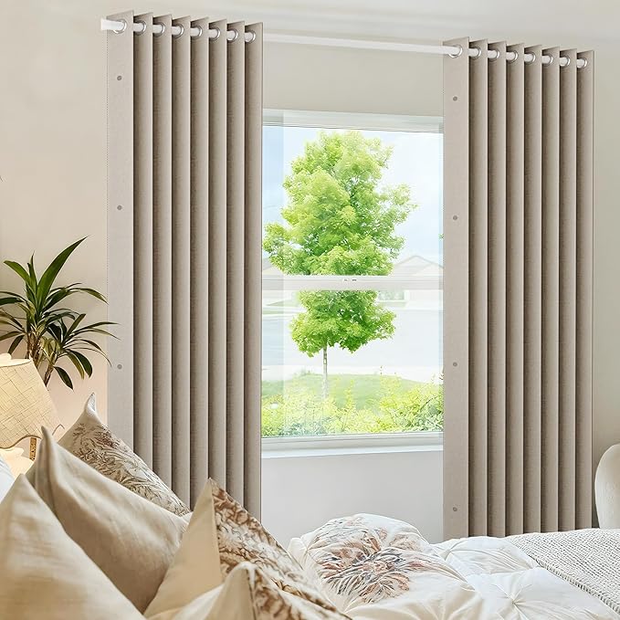 100% Blackout Magnetic Folding Door Curtain, Faux Linen Blackout Thermal Insulated Pinch Pleat Drape for Bedroom, Living Room Patio Door, 1 Panel, W52 x L72, Tan