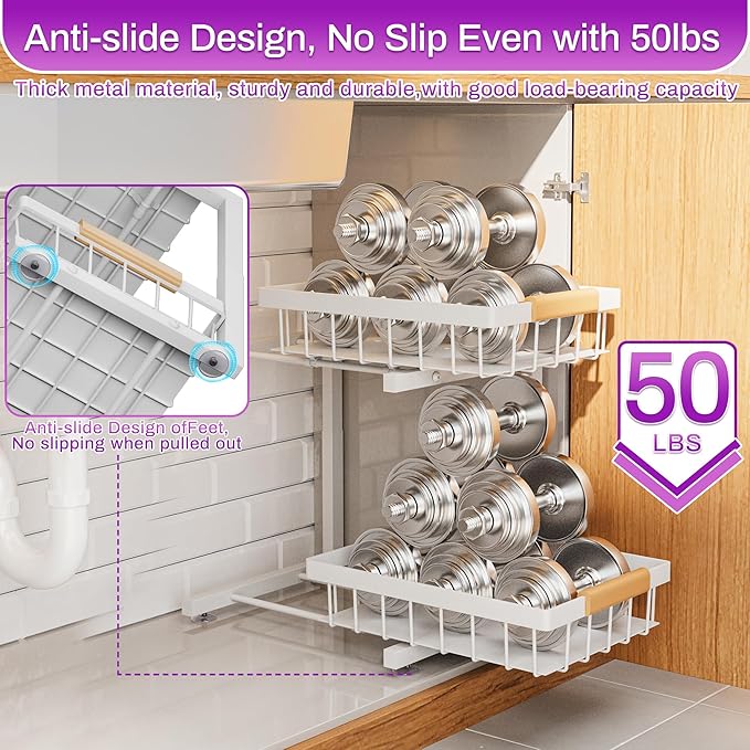 ADBIU Under Sink Organizer, 2 Pack 2 Tier Expandable Height (White, XL) Under-Sink Bathroom Kitchen Organizers And Storage