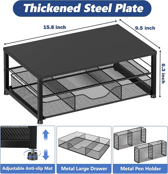 Desk Organizer and Accessories, 2-Tier Computer Monitor Stand Riser with Drawer and 2 Pen Holders, Laptop Stand, Office Desk Accessories for Office Supplies, Black