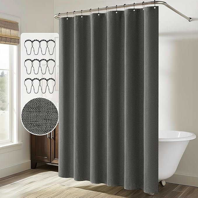 MIULEE Linen Shower Curtain with 12 Metal Hooks Modern Heavy Duty Washable Fabric Shower Curtain Set Waterproof Thick Cloth Shower Curtains for Bathroom Bathtub Washable, W72*L72, Charcoal Grey