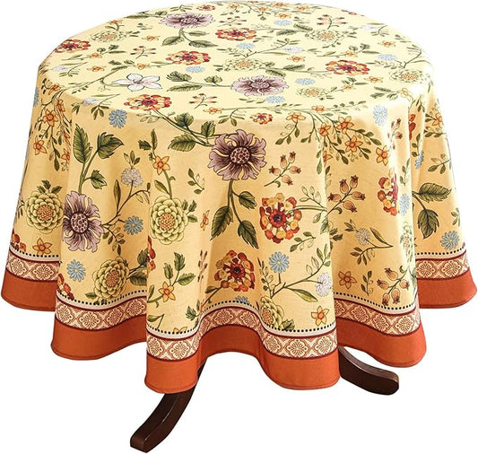 Vintage Linen Tablecloth for Round Table,Yellow Floral French Wrinkle Free Tablecloths,Decorative Table Cover for Kitchen,Dining,Thanksgiving,Christmas,Party,Diameter 67"-Bellano