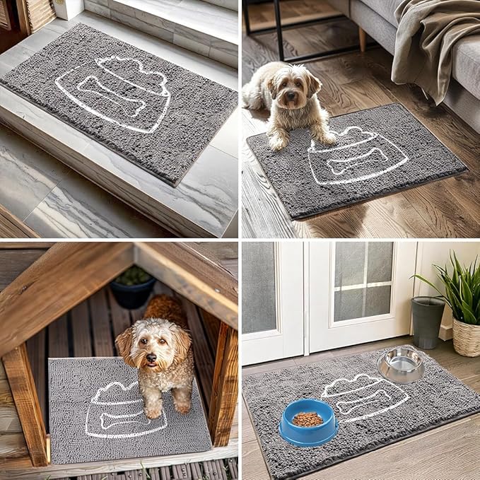 Muddy Mat® Pet Bowl Dog Door Embroidery Mat Super Absorbent Microfiber Indoor Outdoor mat for Muddy Paws, Non-Slip Washable Pet Rug, Quick Dry Chenille Entryway Carpet, Machine Washable – Grey 19”x30”
