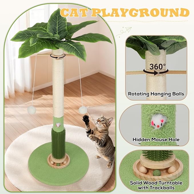 Cat Scratching Post,37.5'' Tall Sisal Cat Tree Scratching Post for Indoor Cat,Cat Scratcher with Cute Mouse Hole Toy,Interactive Ball and Rotating Ball Self Groomer Brush for Kittens Adults Cat