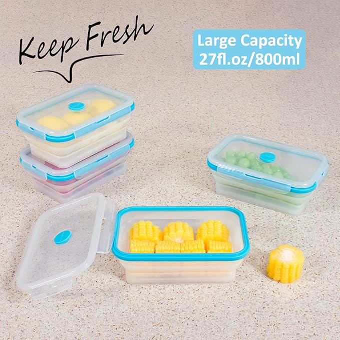 Collapsible Food Storage Containers with Airtight Lid & Vent, 27oz, Kitchen Stacking Silicone Collapsible Meal Prep Container Set for Leftover, Microwave Freezer Dishwasher Safe, Translucent, Set of 4
