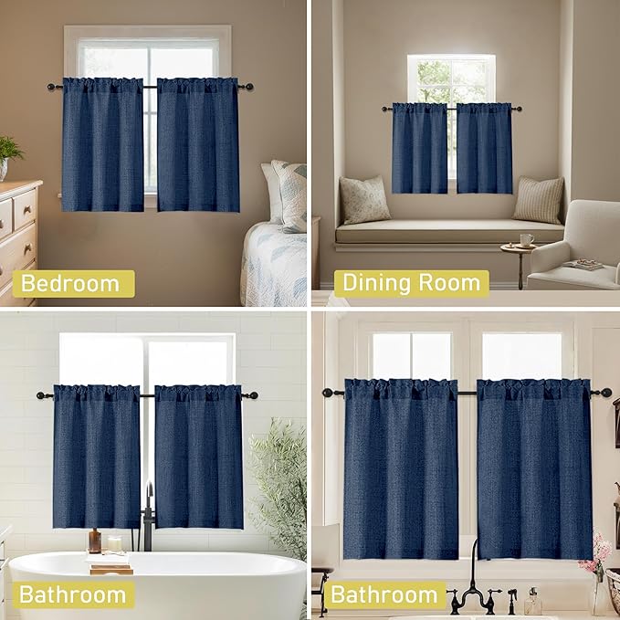 Navy Blue Kitchen Curtains 45 Inch Length 2 Panels, Light Filtering Faux Linen Textured Short Kitchen Window Curtains Over Sink, Half Curtain Tiers for Cabinet Bathroom Basement, 30" Wx45 L