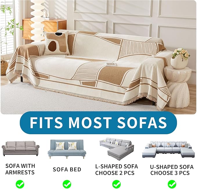 HAOMAIJIA Non Slip Couch Cover - Sofa Covers for 3 Cushion Sectional Couch - Washable Dog & Pet Furniture Protector - Living Room Blanket (Brown-Cream, 71"x134")