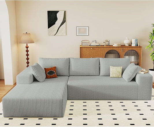 96" Modular Sectional Couch, Boneless L Shaped Cloud Sofa with Chaise Lounge, Corduroy Upholstered Couches Memory Foam Deep Seat, No Assembly Required, Ideal for Living Room(Light Gray, Left Facing)