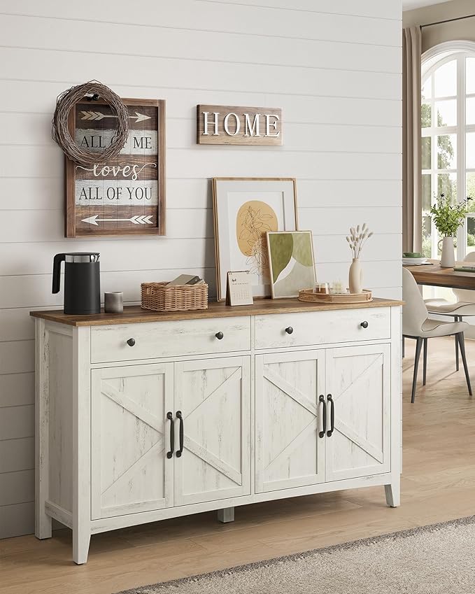 VASAGLE LIRY Collection - Buffet Cabinet, Coffee Bar Cabinet with 2 Drawers, Adjustable Shelves, Sideboard Storage with Cable Holes, Drawer Dividers, Rustic White and Honey Brown UBBK381W01