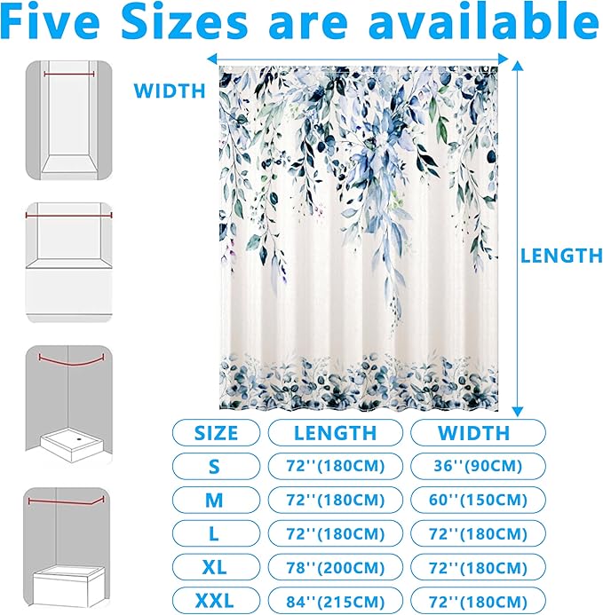 Blue Eucalyptus Leaves Shower Curtain for Bathroom:Aesthetic Art Watercolor Plant Shower Curtains Sets with Hooks,Waterproof Fabric Decor 72x72 inches.