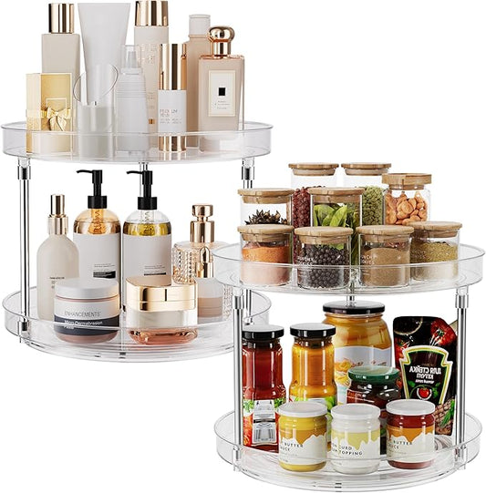 2 Pack 10.6-Inch 2 Tier Lazy Susan Organizer, 360 Degree Rotating Clear Turntable for Cabinet, Makeup and Perfume Organizer for Vanity, Kitchen, and Bathroom Counter Tray