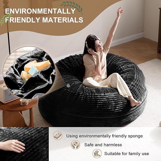 Bean Bag Chair for Adults, Floor Bean Bags Offers Ample Space for Adults,Memory Foam Giant Bean Bags,Lounger Versatile Design Suits Any Room,Movie Nights,Reading (Striped Black, 6FT)