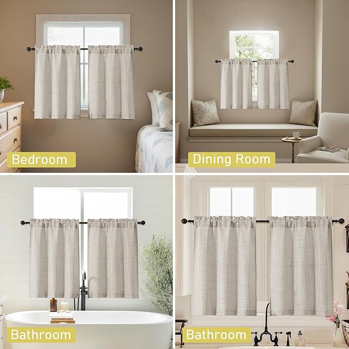Linen Kitchen Curtains 36 Inch Length 2 Panels, Light Filtering Farmhouse Faux Linen Textured Short Curtains for Windows, Small Curtain Tier for Cafe Cabinet Bathroom RV Camper, 30Wx36L Inch