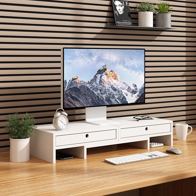 LAPTAIN Wooden Dual Monitor Stand with 2 Drawers, Monitor Stand Riser with Adjustable Length and Angle, Solid Wood Desktop Organizer Stand for Laptop/PC/Computer, No Assembly Required