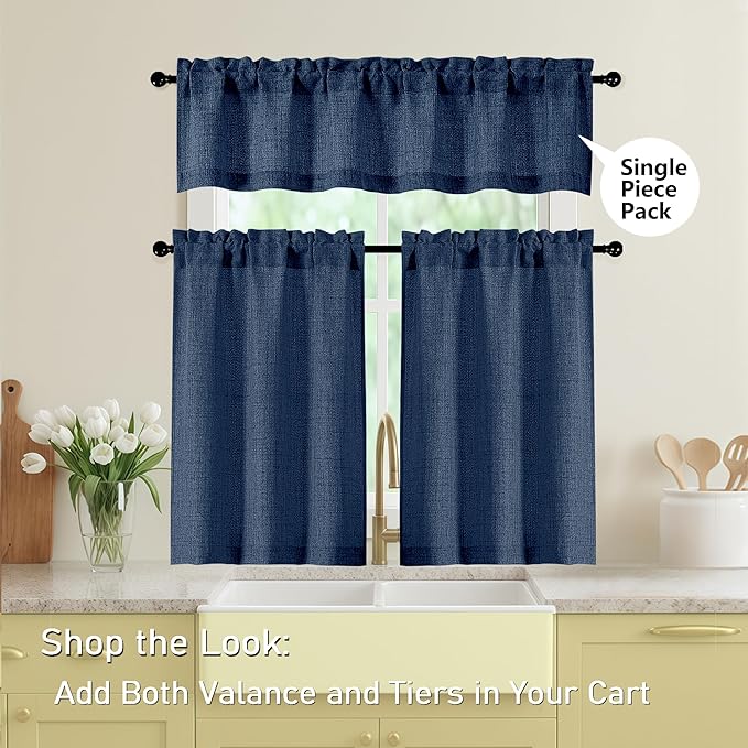 Navy Blue Kitchen Curtains 30 Inch Length 2 Panels, Light Filtering Farmhouse Linen Textured Small Short Curtains Over Sink, Half Curtain Tiers for Cabinet Bathroom Cafe Basement, 30"Wx30"L