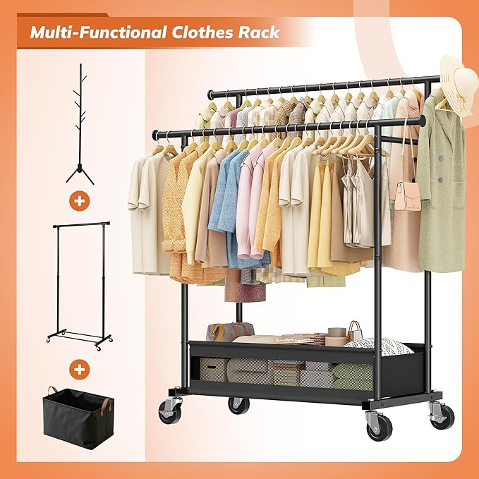Clothes Rack, Double Rod Clothing Rack with Storage Bag & Sturdy Wheels, Metal Garment Rack for Closet Organizers and Storage, 43.3" W×17.7" D×63" H