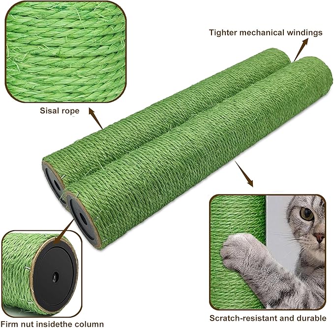 Cat Scratching Post Replacement Pole, Green,2 PCS 15.7in Cat Tree Replacement Post, Natural Sisal Cat Tree Replacement Parts with M8 Screws, Cat Scratch Post Replacement for Refurbishment