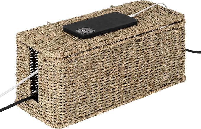 StorageWorks Large Cable Management Box, 2 Slots Wicker Cable Organizer to Hide Cords and Power Strip, Seagrass Cord Hider Box for Home & Office
