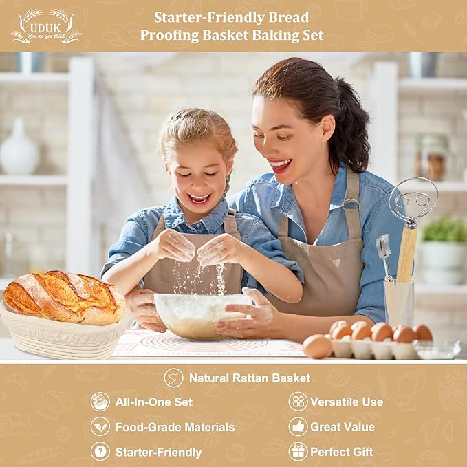 Sourdough Starter Kit - Bread Proofing Basket Set with 9.6" Oval Banneton Baskets x2, Silicone Bread Sling Baking Mat, Whisk Cutter Scraper Lame - Ideal Sourdough Bread Baking Supplies