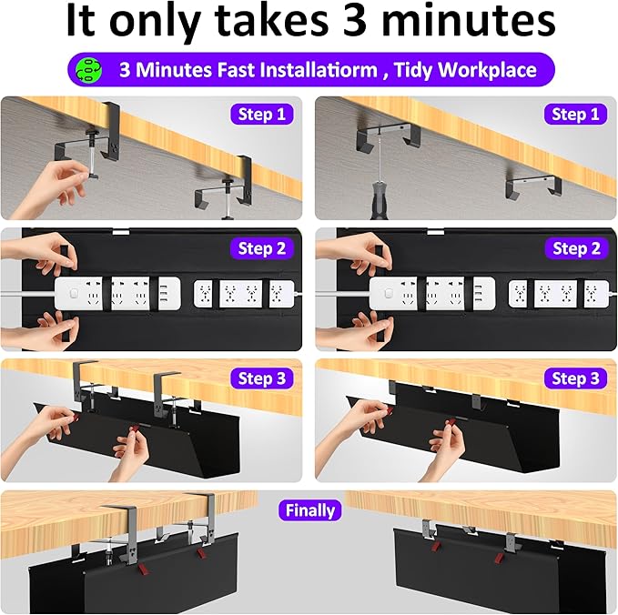 Under Desk Cable Management Tray - Under Desk Cord Management - Clamp/Screw Mount - Fabric Wire Management - Cable Raceways Tray Cord Hiders for Office/Home (Black, 28.6"×5.6")